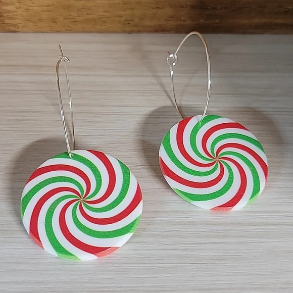 PEPPERMINT CANDY HOOP DROP EARRINGS, Choice of Color - Picture 4 of 7